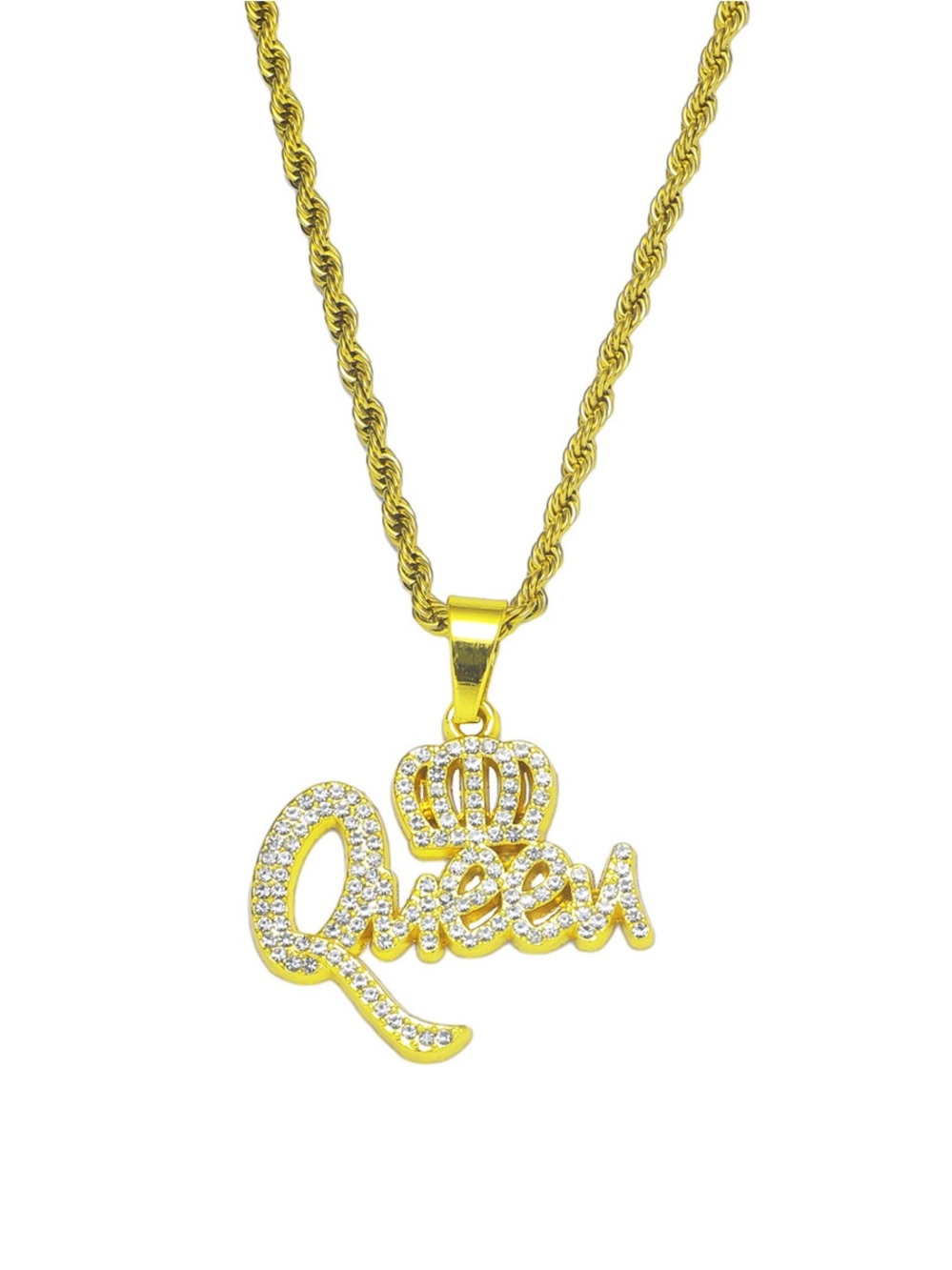 Queen' Script Pendant Necklace with Crown Accent